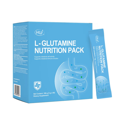 HUJ L-Glutamine Nutrition Pack bottle front showing high-potency formula for gut health