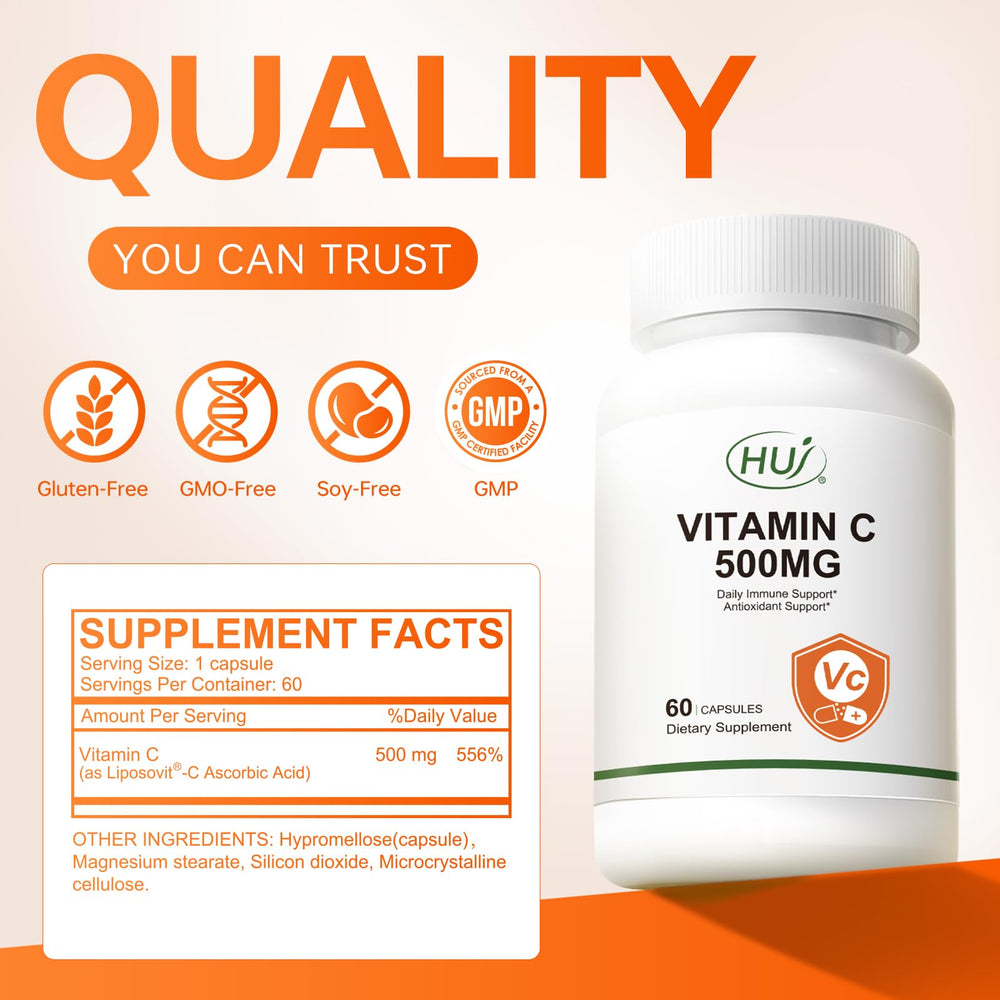 USA-made quality assurance label on HUJ Vitamin C bottle demonstrating purity.