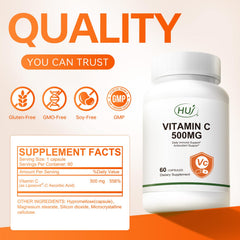 USA-made quality assurance label on HUJ Vitamin C bottle demonstrating purity.