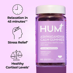 Close-up of HUM Calm gummies showing mixed berry flavor.