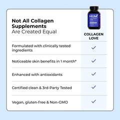 HUM Collagen Love Skin ingredients panel shows types 1 and 3.