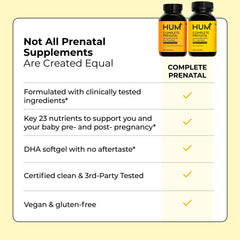 HUM Complete Prenatal packaging highlights gluten-free and non GMO
