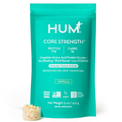 Hum Core Strength Vanilla protein powder bag with 20g plant-based protein per serving.