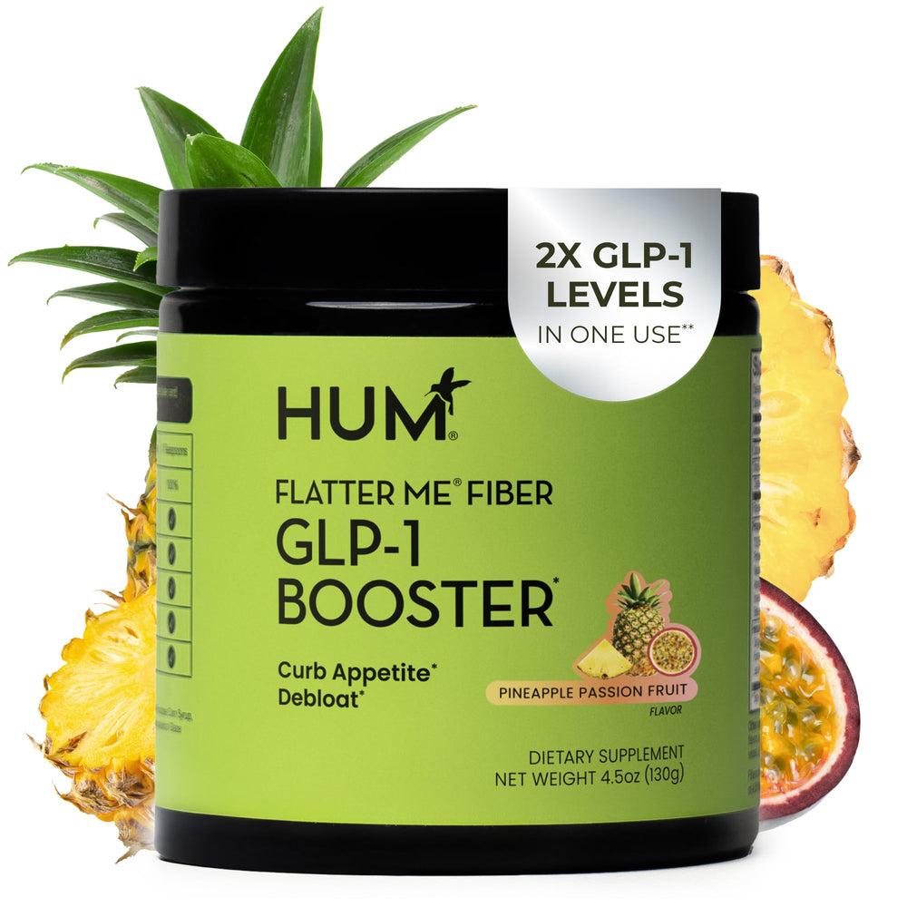 HUM Flatter Me Fiber GLP-1 Booster container promotes easy daily use for appetite awareness.