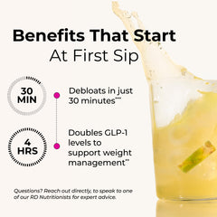 HUM Flatter Me Fiber GLP-1 Booster glass with mixed beverage illustrates easy consumption.