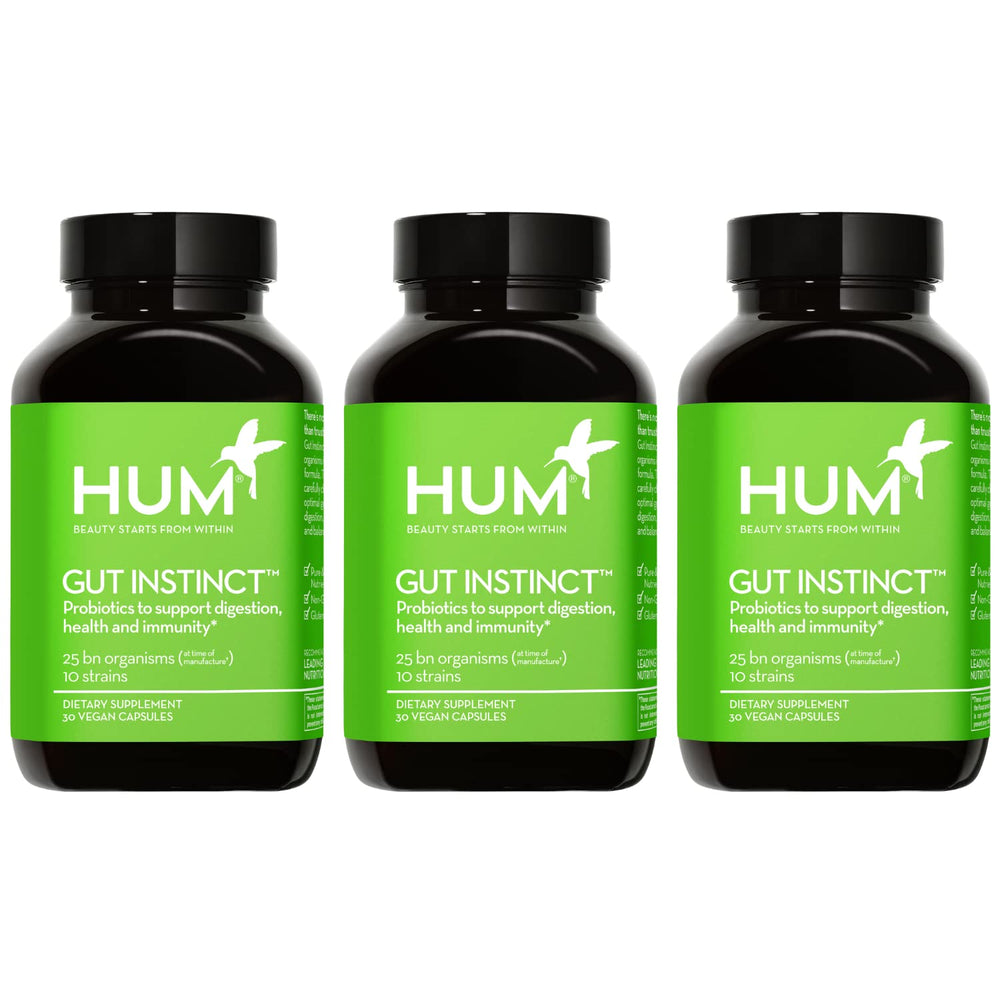 HUM Gut Instinct bottle front showing 90 capsules for daily digestive balance