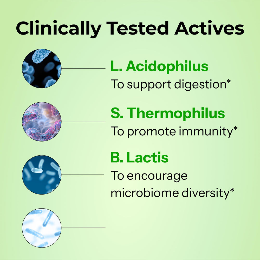 HUM Gut Instinct 10-strain probiotic illustration emphasizing gut diversity.