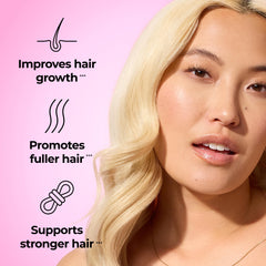 HUM Hair Strong gummies being poured for a daily intake routine.