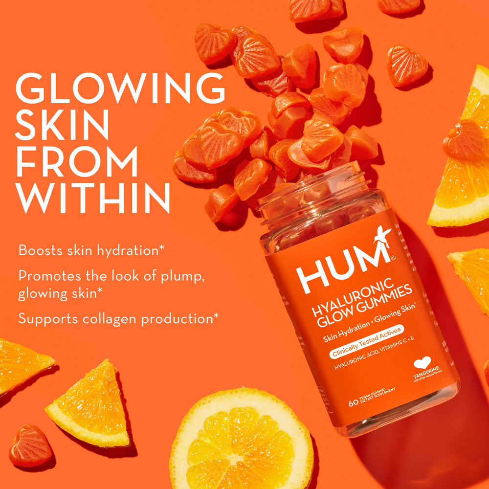 HUM Hyaluronic Glow gummies dispensing scene demonstrates simple daily intake.