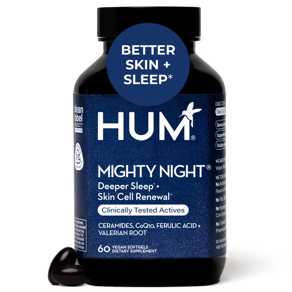 Hum Mighty Night bottle and softgels for overnight skin support.