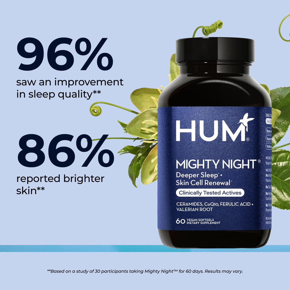 Hum Mighty Night ferulic acid and CoQ10 ingredients label close-up.