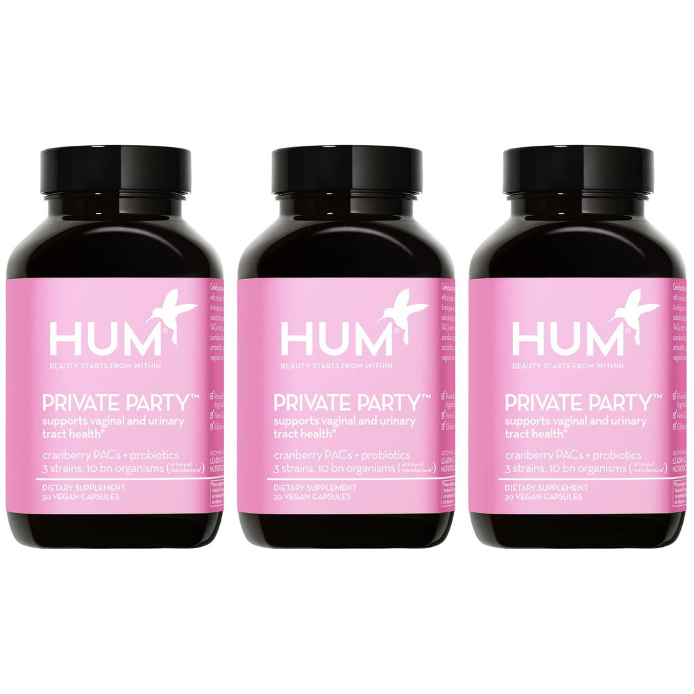 HUM Private Party bottle front showing probiotic blend for vaginal health and pH balance
