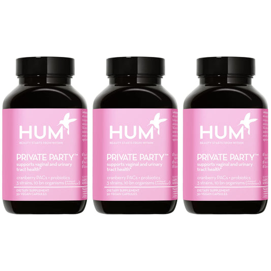 HUM Private Party bottle front showing probiotic blend for vaginal health and pH balance