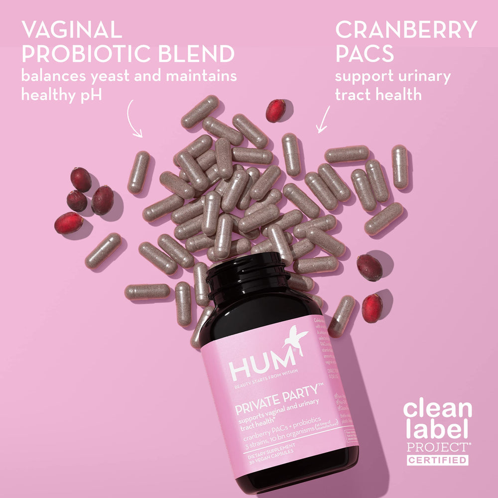 HUM Private Party capsules highlighting Lactobacillus strains for feminine health