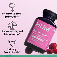 Hum Private Party cranberry extract bottle highlighting PACs for urinary wellness