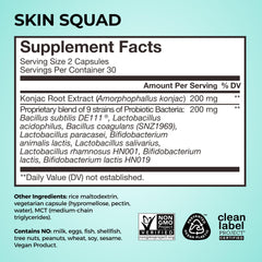 HUM Skin Squad Probiotics bottle beside a glass for daily use