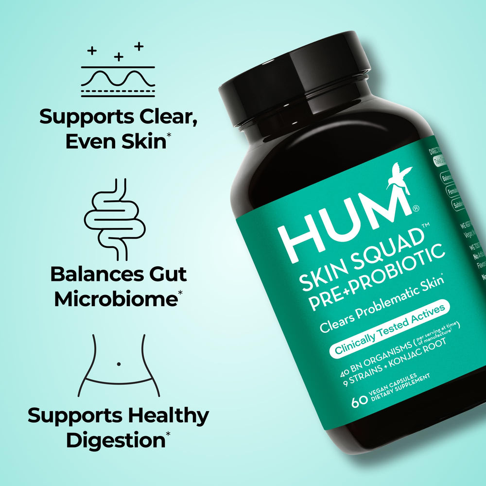 Closeup of HUM Skin Squad Probiotics capsules