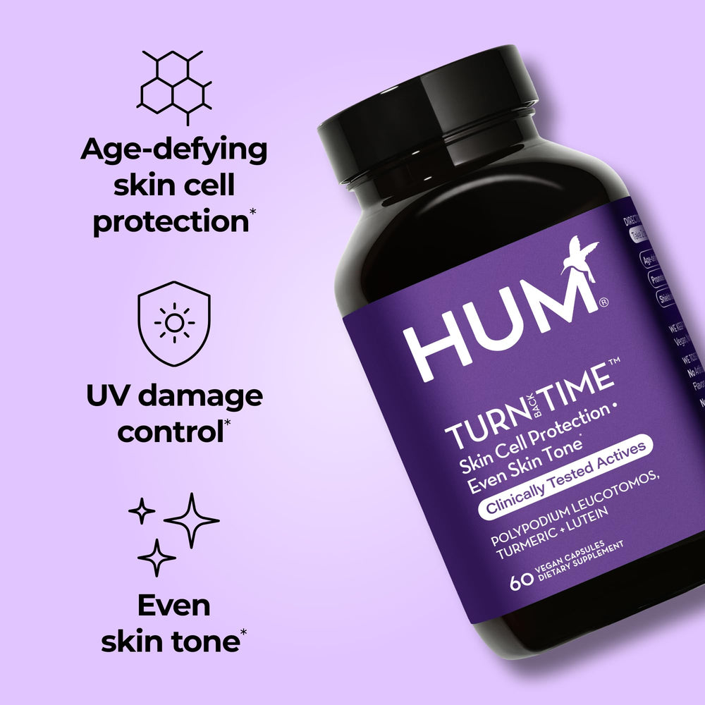 HUM Turn Back Time turmeric supplement capsules ready for a simple daily routine.