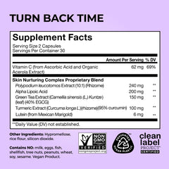 HUM Turn Back Time turmeric supplement close-up shows polyphenols for potential skin benefits.