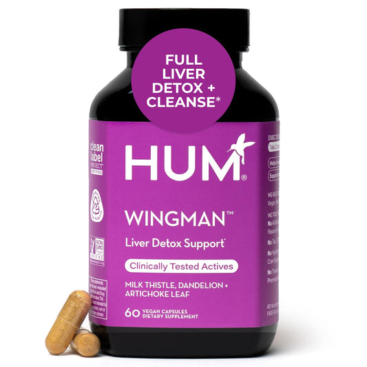 HUM Wing Man bottle label close-up highlighting milk thistle liver support.