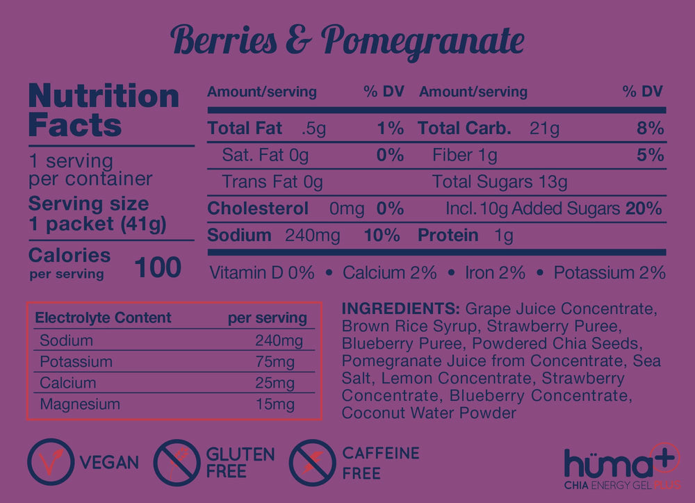 HÜMA CHIA ENERGY GEL berry-pomegranate fruit purée close-up highlighting real food ingredients.