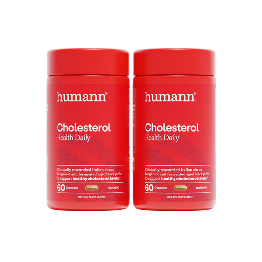 Humann Cholesterol Health bottle shows a convenient two-capsule daily serving for heart-friendly support
