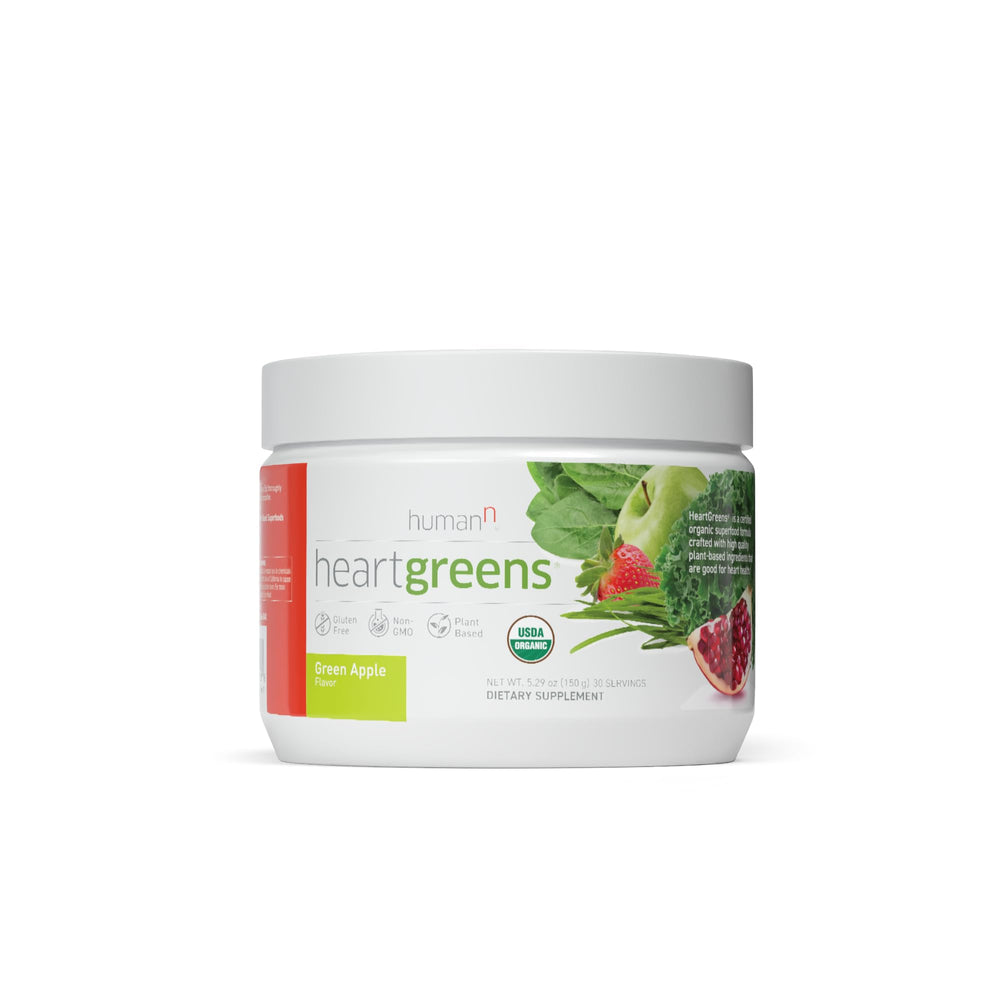 Humann HeartGreens canister front for easy daily greens boost.