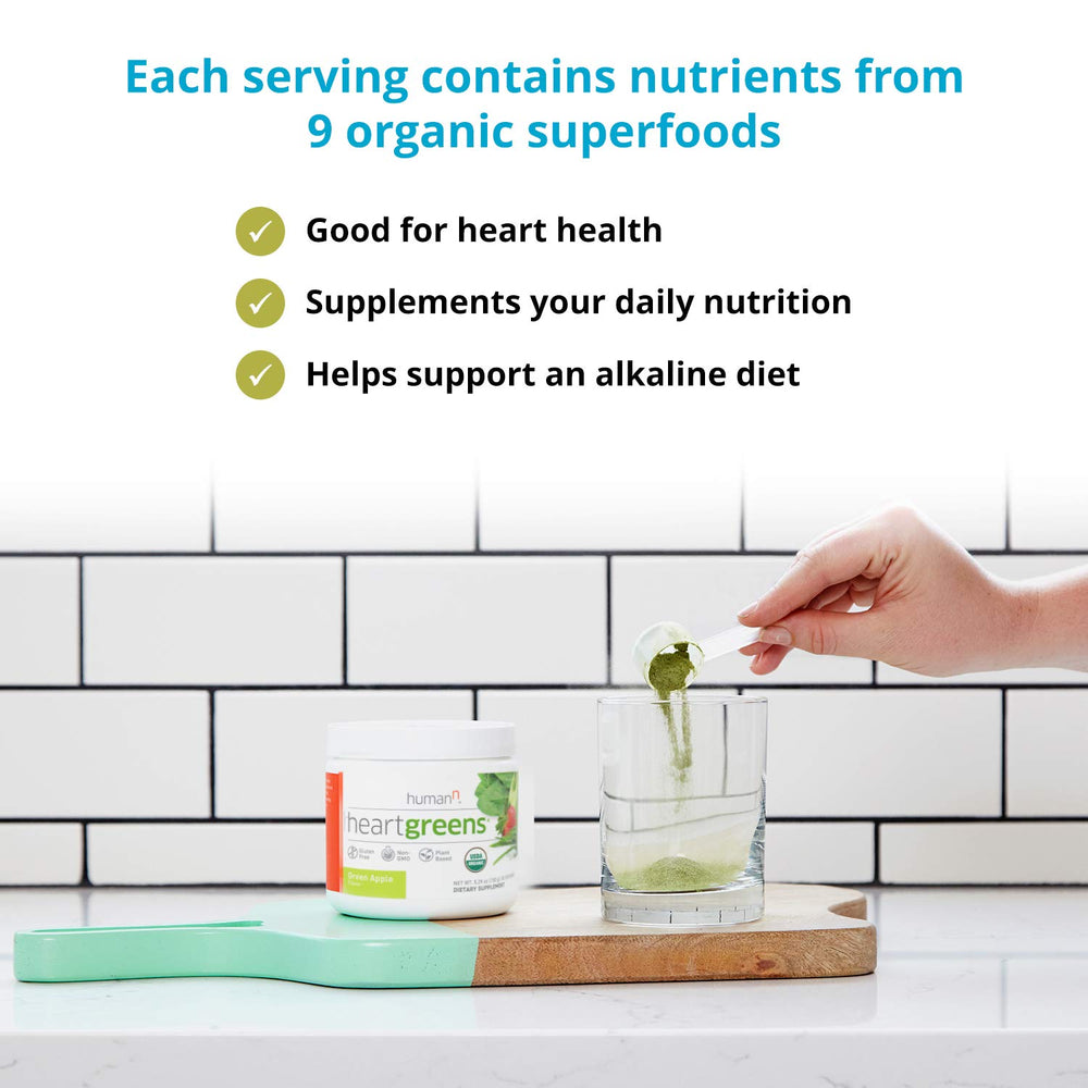 Humann HeartGreens 5.29 oz canister on kitchen counter.