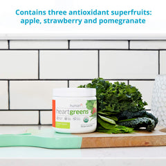 Humann HeartGreens powder blended into smoothie for a nutrient boost.