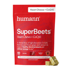 Humann SupBeets Heart Chews bottle showcases non-GMO beetroot formula for heart support.