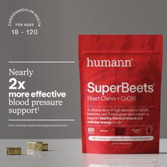 Serving spoon beside Humann SupBeets Heart Chews suggests daily use.