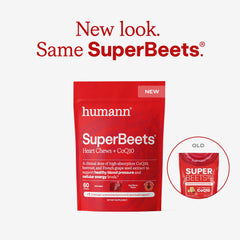 Humann SupBeets Heart Chews label highlights CoQ10 and grape seed extract for energy support.