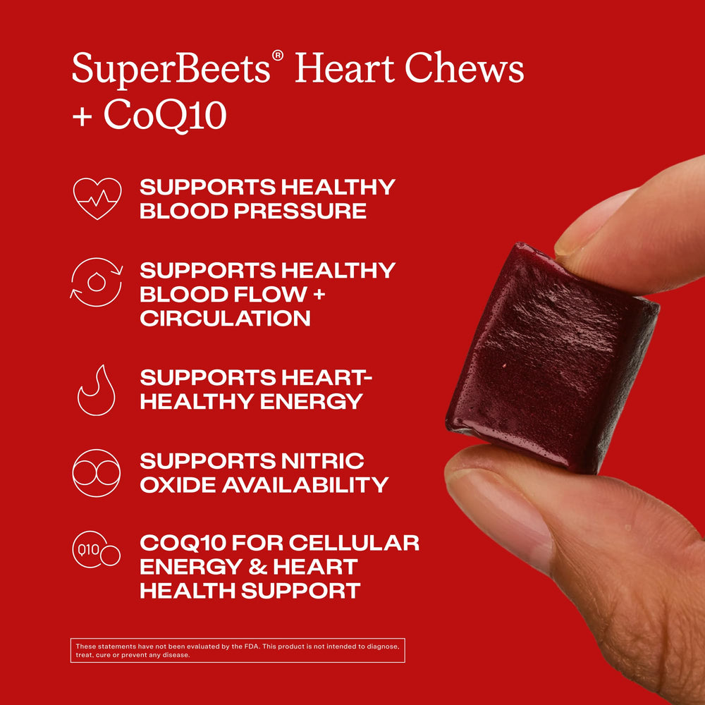 Texture and burgundy color of Humann SupBeets Heart Chews shown beside the bottle.