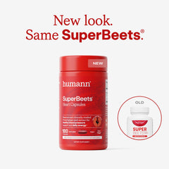 Humann SuperBeets capsules being poured for easy daily dosing