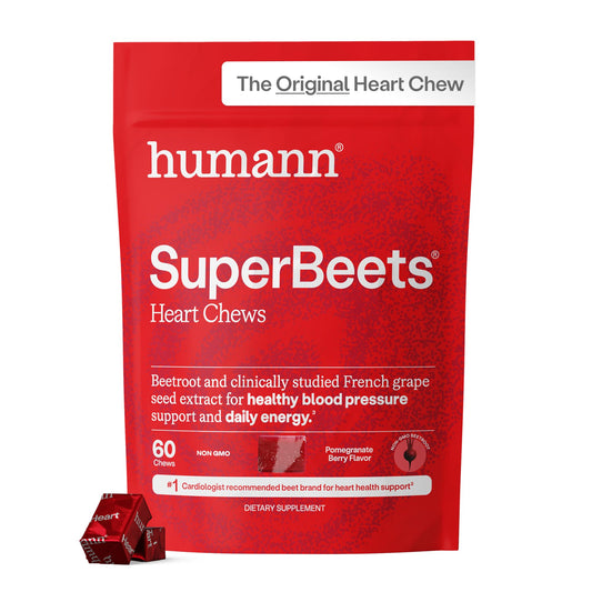 Humann SuperBeets Heart Chews bottle front for everyday heart support.