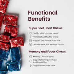 Humann SuperBeets Heart Chews soft chews on wood desk for on-the-go support.