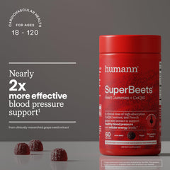 Packaging display shows Humann SuperBeets Heart Gummies for convenient daily use