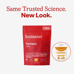Close-up of Humann Turmeric Chews showing soft texture and vibrant orange color.