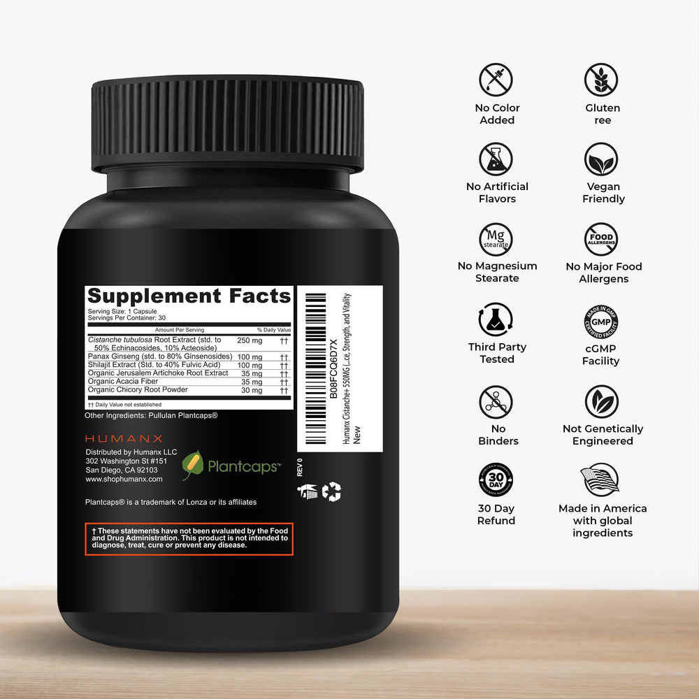 HUMANX Cistanche+ capsules being poured to show easy daily intake