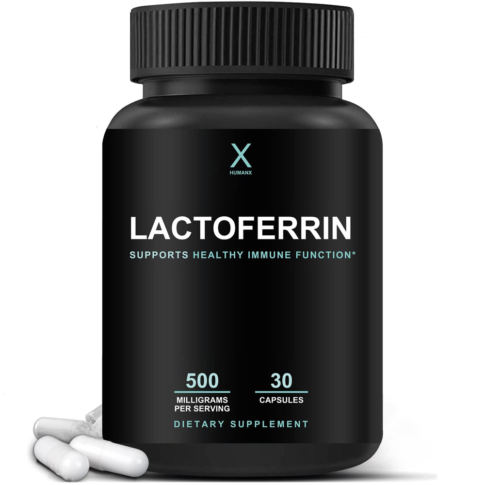 HUMANX Lactoferrin 500mg bottle front highlights the high-dose formula for potential immune support