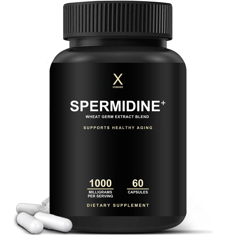 HUMANX Spermidine+ bottle front with autophagy-like support label.