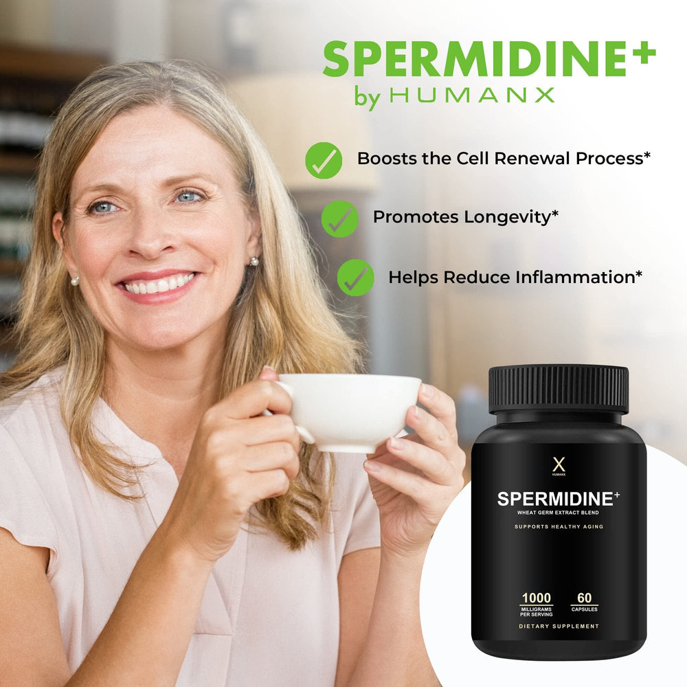 HUMANX Spermidine+-rich wheat germ extract illustration for cellular wellness.