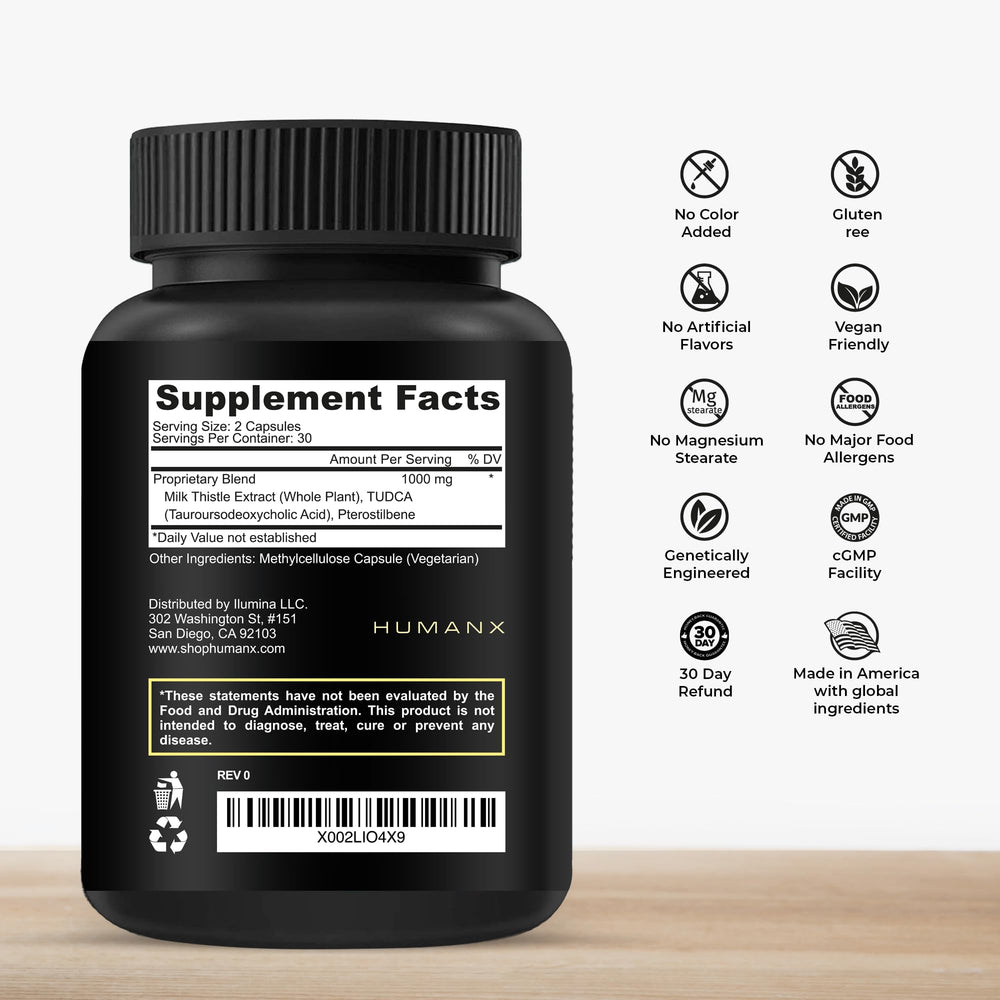 HumanX Tudca+ capsules close-up highlighting easy-to-swallow design.
