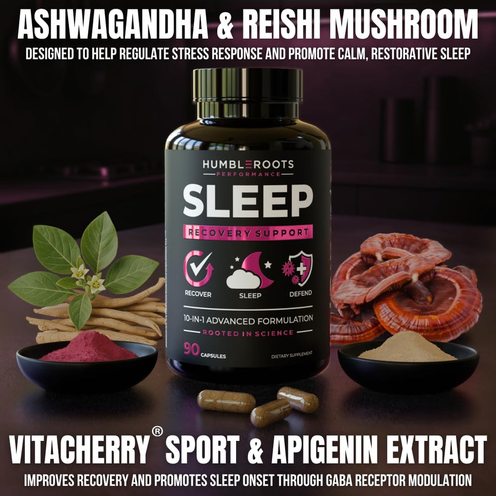 Humbleroots Performance SLEEP label details with 10-in-1 formula and dual-delivery system