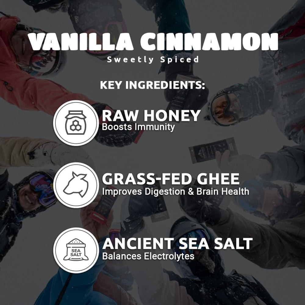 Pouring Hunghee Vanilla Cinnamon Pack for steady energy on a trail
