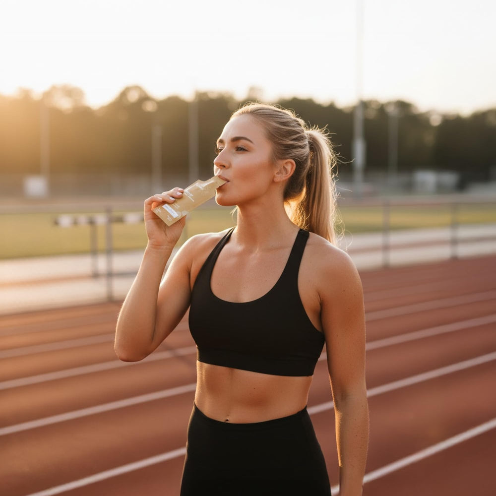 Hunnee on-the-go sachets illustrate portable nutrition for travel or workouts.