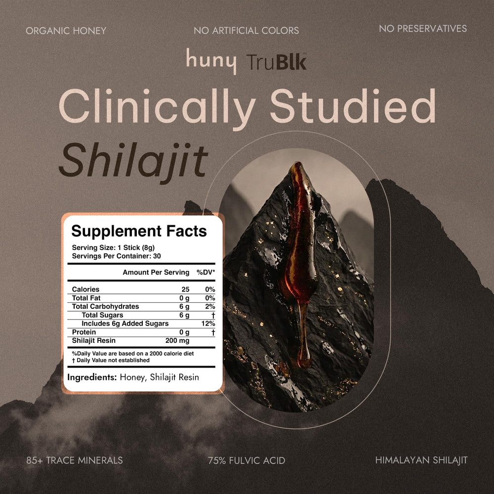 HUNY Bee Energized Shilajit Honey Stick on a desk supports focus.
