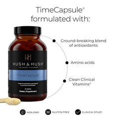 Hush & Hush label close-up highlights marine collagen and hyaluronic acid benefits for skin.