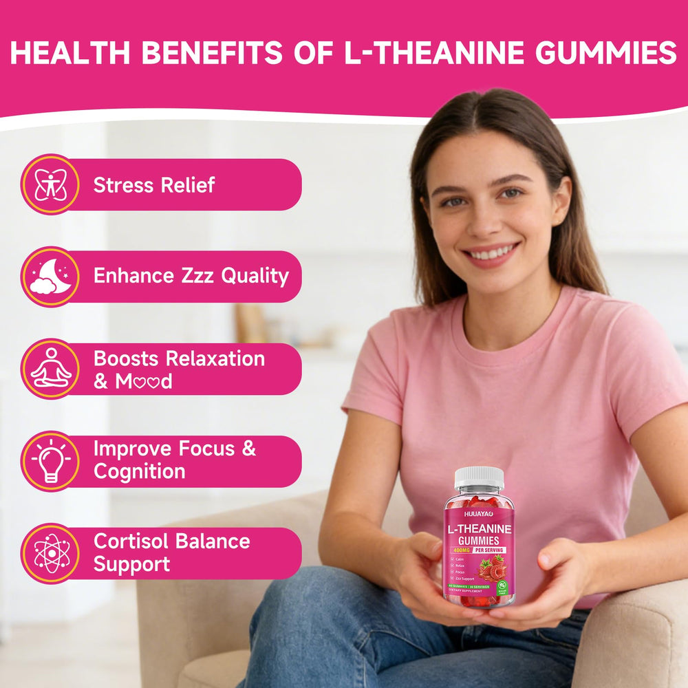 HUUAYAO L-Theanine Gummies bottle back showing ingredients for relaxation support