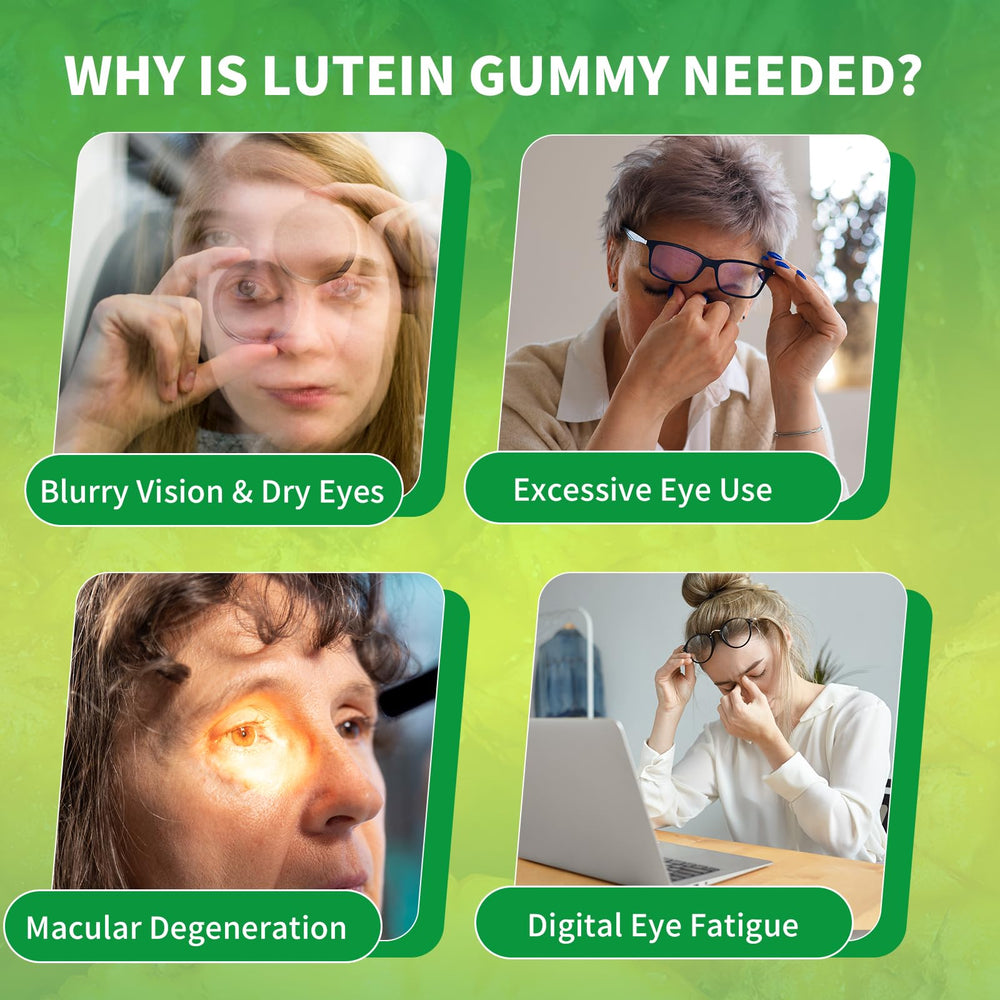 HUUAYAO Lutein Gummies packaging box highlighting non-GMO and gluten-free.